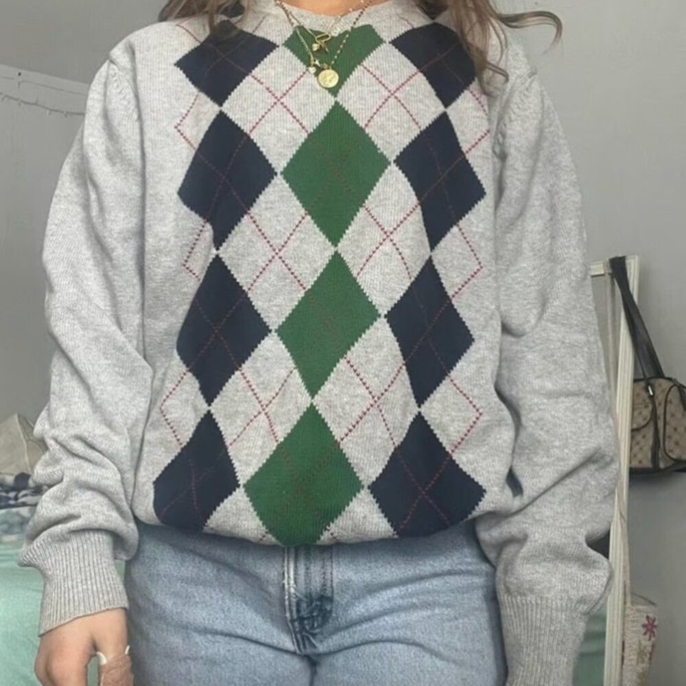 AMERICAN EAGLE Mens Gray Navy Green Red Argyle Long Sleeve Cotton V-Neck Sweater